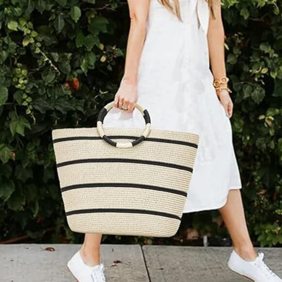 NEIMAN MARCUS Elegant White Beach Straw Tote Bag - Picture 2 of 7